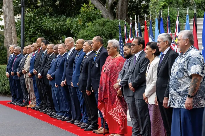 Framed Print : President Joe Biden joins a group photo with Pacific Islands Forum leaders, Sept. 25, 2023, at the South Portico of the White House Framed Print : President Joe Biden joins a group photo with Pacific Islands Forum leaders, Sept. 25, 2023, at the South Portico of the White House