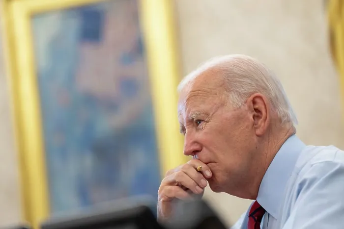 Framed Print : President Joe Biden listening to his senior advisers, Sept. 6, 2023, in the Oval Office. (BSLOC_2023_8_2)