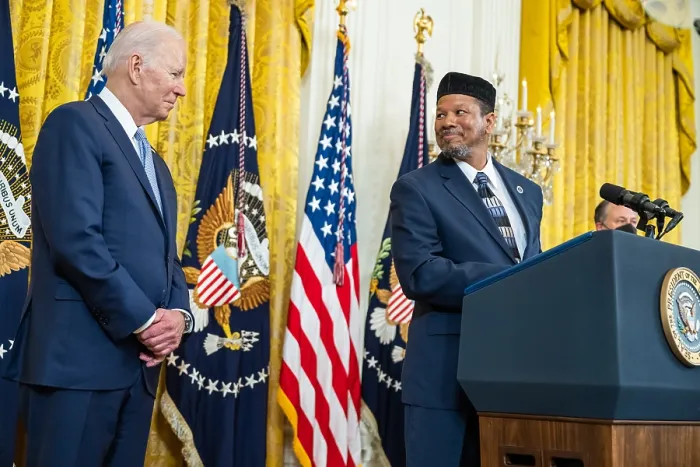 Framed Print : President Joe Biden looks on as Dr. Talib M. Shareef, Imam of Masjid Muhammad, speaks at the Eid reception at the White House, May 2, 2022