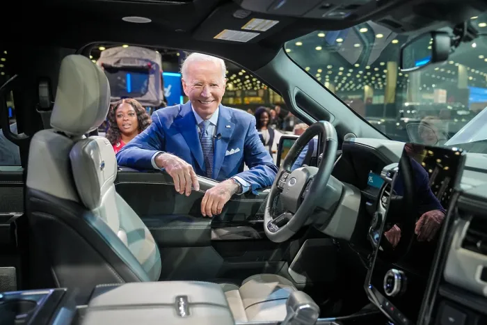 Framed Print : President Joe Biden looks at the Ford F-150 Lighting, a fully electric version of Fords best-selling truck