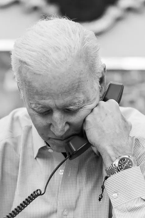 Framed Print : President Joe Biden makes a telephone call from his private dining area of the White House, April 10, 2021 (BSLOC_2021_8_3)