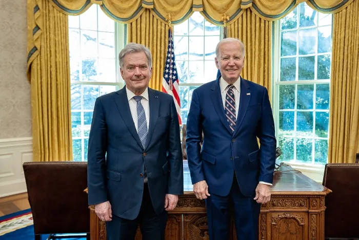 Framed Print : President Joe Biden meets with Finlands President Sauli Niinisto in the White House Oval Office, March 9, 2023