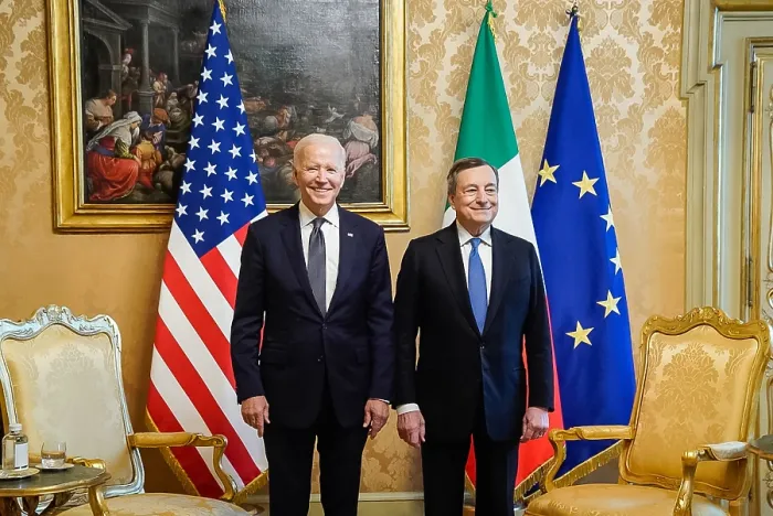 Framed Print : President Joe Biden meets with Italian Prime Minister Mario Draghi, Oct. 29 2021, at Chigi Palace in Rome