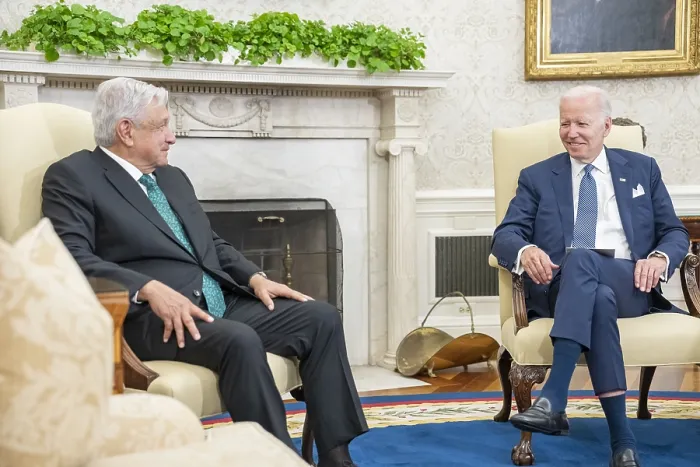 Framed Print : President Joe Biden meets with President of Mexico Andrs Manuel Lpez in the Oval Office, July 12, 2022