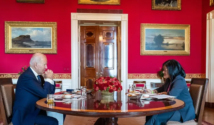 Framed Print : President Joe Biden meets with Rep. Pramila Jayapal, leader of the Congressional Progressive Caucus, Oct. 18, 2021, in the Red Room of the White House