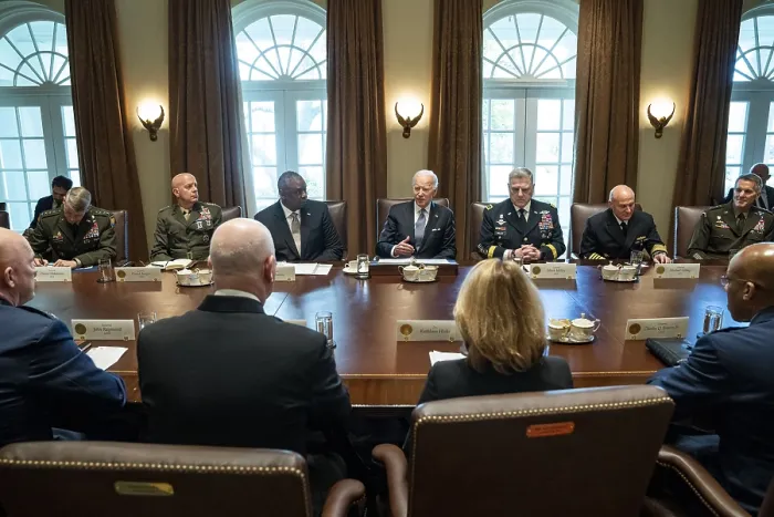 Framed Print : President Joe Biden meets with the Secretary of Defense, the Deputy Secretary of Defense, the Joint Chiefs of Staff, and the Combatant Commanders, April 20, 2022