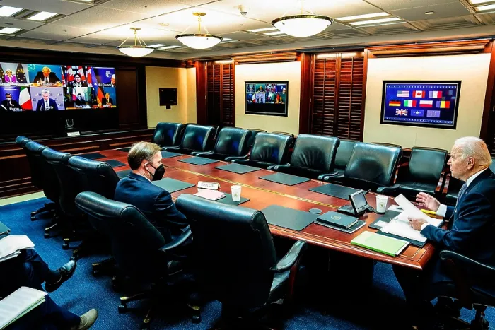 Framed Print : President Joe Biden meets virtually with European Union, NATO, and Canadian leaders, Feb 10, 2022, in the Situation Room of the White House