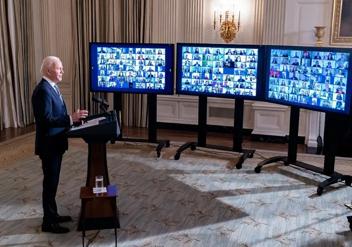 Framed Print : President Joe Biden officiates in a virtual swearing-in ceremony of top aides and appointees, on inauguration day, Jan. 20, 2021 (BSLOC_2021_4_35)