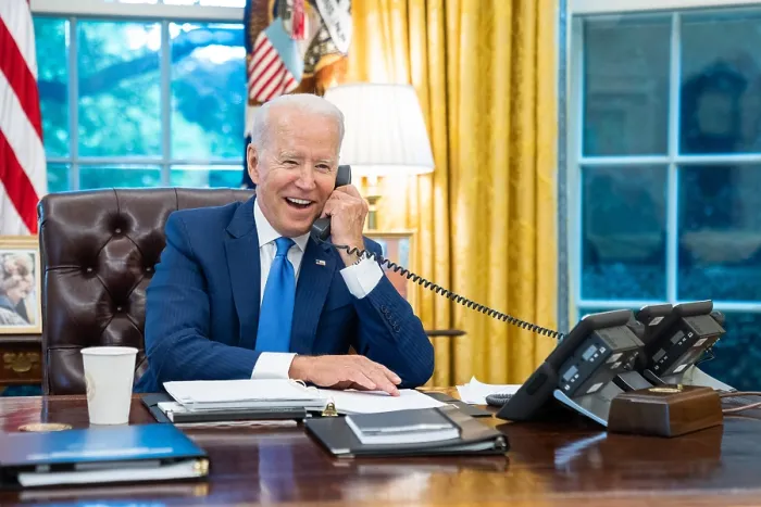 Framed Print : President Joe Biden on the phone with James Murray, Director of the US Secret Service, July 12, 2021, in the Oval Office of the White House (BSLOC_2021_14_7) Framed Print : President Joe Biden on the phone with James Murray, Director of the US Secret Service, July 12, 2021, in the Oval Office of the White House (BSLOC_2021_14_7)