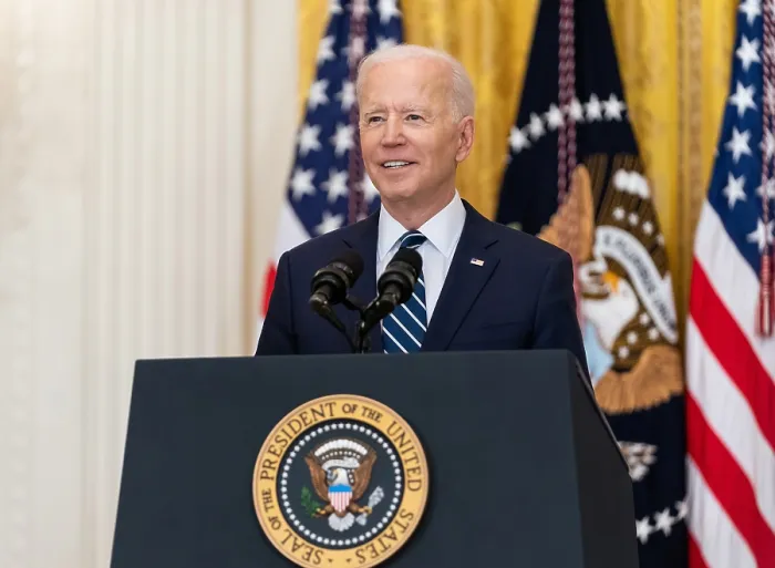 Framed Print : President Joe Biden at the podium during his first official press conference Thursday, March 25, 2021, in the East Room of the White House (BSLOC_2021_8_1) Framed Print : President Joe Biden at the podium during his first official press conference Thursday, March 25, 2021, in the East Room of the White House (BSLOC_2021_8_1)