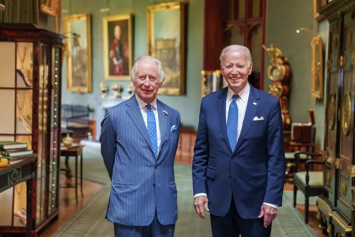 Framed Print : President Joe Biden poses with Britain's King Charles III, July 10, 2023, during his ceremonial arrival at Windsor Castle in England. (BSLOC_2023_8_50)