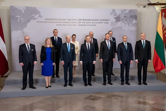 Framed Print : President Joe Biden poses with Bucharest Nine heads of state and Secretary General of NATO, Jens Stoltenberg, Feb. 22, 2023, in Warsaw, Poland