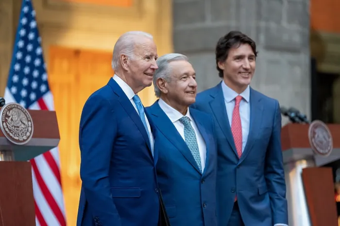 Framed Print : President Joe Biden poses for a photo with Mexican President Andres Manuel Lopez Obrador and Canadian Prime Minister Justin Trudeau at the 10th North American Leaders Summit