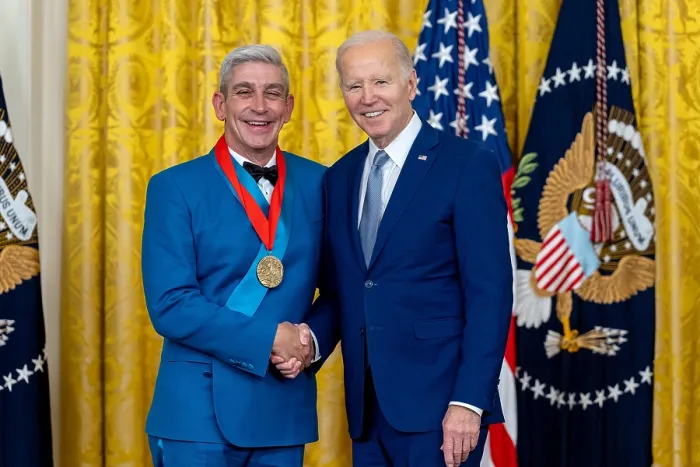 Framed Print : President Joe Biden presents the 2021 National Humanities Medal to poet Richard Blanco. In 2013, he read his poem One Today for Barack Obamas second inauguration