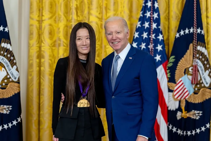 Framed Print : President Joe Biden presents the 2021 National Medal of the Arts to fashion designer, Vera Wang, March 21, 2023. She became famous for her designer wedding gowns, evening wear Framed Print : President Joe Biden presents the 2021 National Medal of the Arts to fashion designer, Vera Wang, March 21, 2023. She became famous for her designer wedding gowns, evening wear