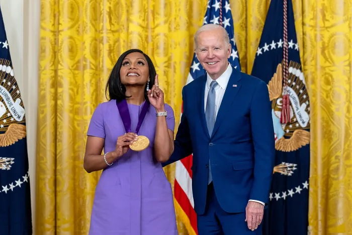 Framed Print : President Joe Biden presents the 2021 National Medal of the Arts to Mindy Kaling, March 21, 2023