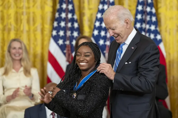 Framed Print : President Joe Biden presents the Medal of Freedom to artistic gymnast Simon Biles, July 7, 2022 Framed Print : President Joe Biden presents the Medal of Freedom to artistic gymnast Simon Biles, July 7, 2022