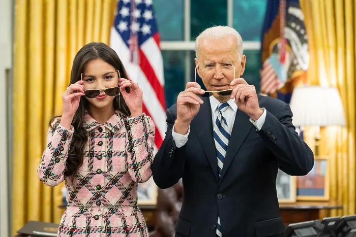 Framed Print : President Joe Biden records a video address with Olivia Rodrigo to promote COVID-19 vaccinations to young people, July 14, 2021, in the White House Oval Office (BSLOC_2021_14_8)