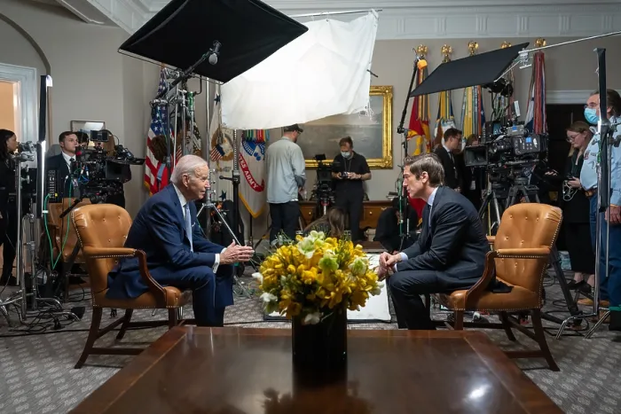 Framed Print : President Joe Biden sits for an interview with David Muir of ABC News, Feb. 24, 2023, in the Roosevelt Room of the White House (BSLOC_2023_6_44)