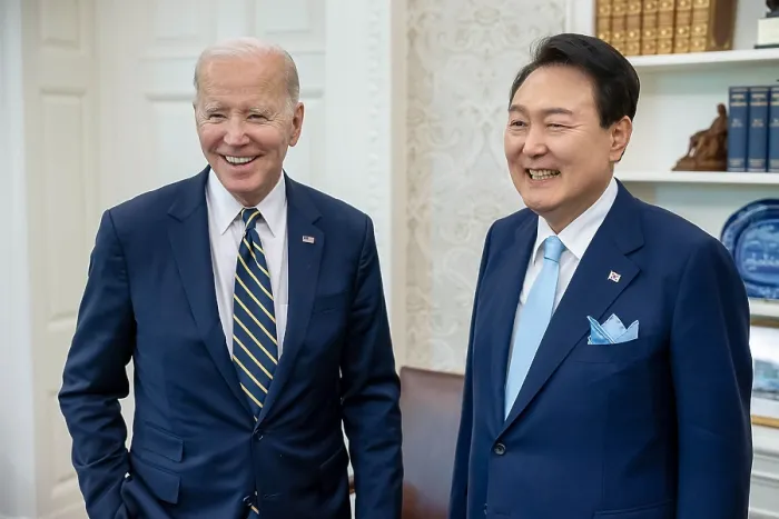 Framed Print : President Joe Biden and South Korean President Yoon Suk Yeol in the Oval Office before their joint press conference in the White House Rose Garden, April 26 Framed Print : President Joe Biden and South Korean President Yoon Suk Yeol in the Oval Office before their joint press conference in the White House Rose Garden, April 26