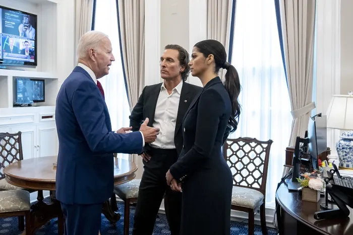 Framed Print : President Joe Biden speaks with actor Matthew McConaughey and his wife Camila Alves, June 7, 2022