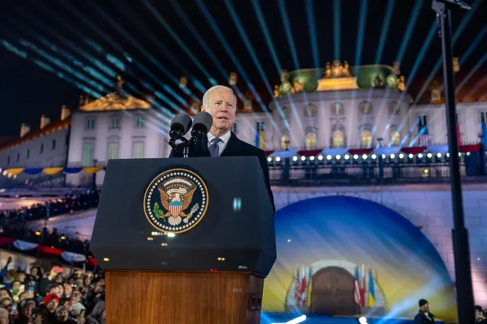Framed Print : President Joe Biden speaks to an audience which included some of the 1 million Ukrainian refugees sheltered in Poland, Feb. 21, 2023
