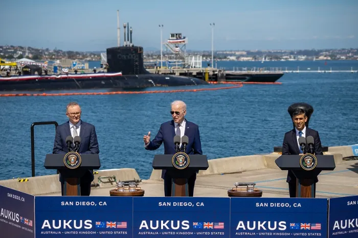 Framed Print : President Joe Biden speaks at the inauguration of the Australia-United Kingdom-United States (AUKUS) alliance for Australia to acquire a conventionally-armed
