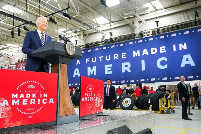 Framed Print : President Joe Biden speaks at the Mack-Lehigh Valley Operations Manufacturing Facility in Macungie, Pennsylvania, July 28, 2021