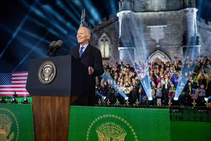 Framed Print : President Joe Biden speaks to roughly 25, 000 people gathered at the foot of St Muredach's Cathedral, in Abbey, Ballina, County Mayo, Ireland, at St Framed Print : President Joe Biden speaks to roughly 25, 000 people gathered at the foot of St Muredach's Cathedral, in Abbey, Ballina, County Mayo, Ireland, at St