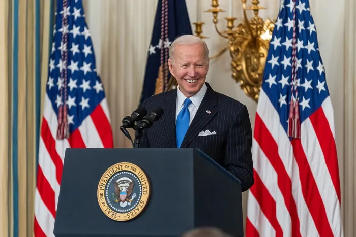 Framed Print : President Joe Biden speaks at the signing ceremony of the Postal Service Reform Act, April 6, 2022, in the State Dining Room of the White House