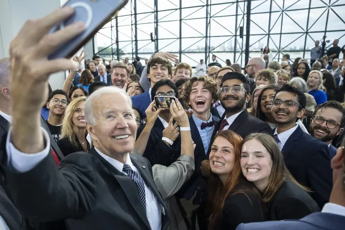Framed Print : President Joe Biden takes a selfie with guests after delivering his Cancer Moonshot speech on Sept. 12, 2022, at the JFK Presidential Library in Boston. (BSLOC_2022_7_25)