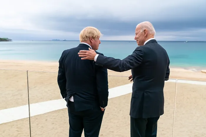 Framed Print : President Joe Biden talks with British Prime Minister Boris Johnson, June 10, 2021, during the G7 Summit in Cornwall, England (BSLOC_2021_11_19)
