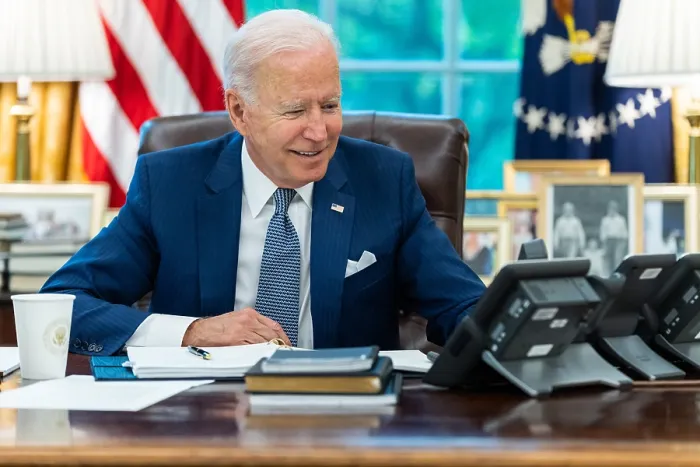 Framed Print : President Joe Biden talks on the speaker phone with French President Emmanuel Macron, Sept. 22, 2021