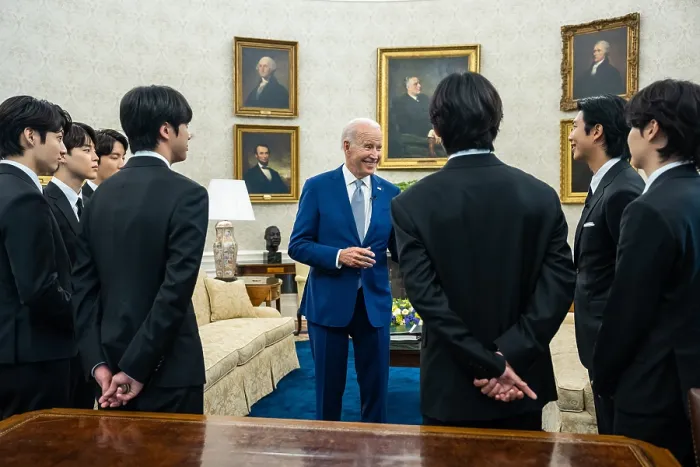 Framed Print : President Joe Biden talks with the world famous K-pop singing group BTS, May 31, 2022, at the White House