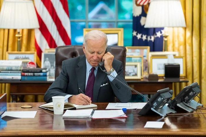 Framed Print : President Joe Biden in a telephone call with Volodymyr Zelensky, Oct. 4, 2022. Biden pledged the US will never recognize Russia's purported annexation of Ukrainian territory Framed Print : President Joe Biden in a telephone call with Volodymyr Zelensky, Oct. 4, 2022. Biden pledged the US will never recognize Russia's purported annexation of Ukrainian territory