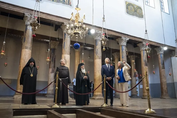 Framed Print : President Joe Biden tours the Church of the Nativity in Bethlehem, July 15, 2022