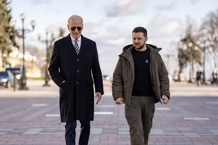Framed Print : President Joe Biden and Ukrainian President Volodymyr Zelenskyy at the Walk of the Brave, Feb. 20, 2023, in Kyiv, Ukraine