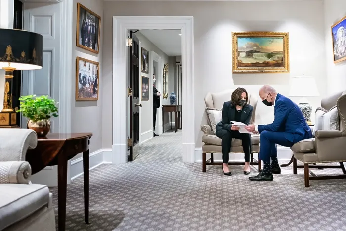 Framed Print : President Joe Biden and Vice President Kamala Harris discuss notes after a COVID-19 pandemic meeting, March 29, 2021 (BSLOC_2021_8_19) Framed Print : President Joe Biden and Vice President Kamala Harris discuss notes after a COVID-19 pandemic meeting, March 29, 2021 (BSLOC_2021_8_19)