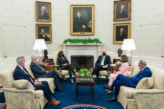 Framed Print : President Joe Biden and Vice President Kamala Harris meet with bipartisan Congressional leadership on May 12, 2021