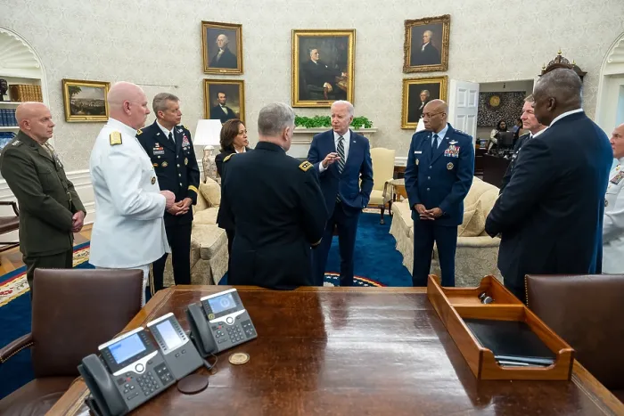 Framed Print : President Joe Biden and Vice President Kamala Harris meet with Defense Sec. Lloyd Austin, and the Joint Chiefs of Staff to announce Air Force Gen. Brown, Jr