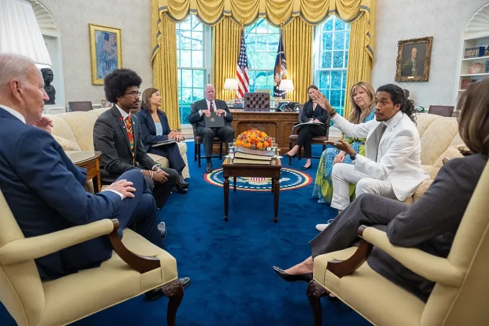 Framed Print : President Joe Biden and Vice President Kamala Harris meet with the Tennessee Three, Justin Pearson, Gloria Johnson, and Justin Jones, April 24, 2023