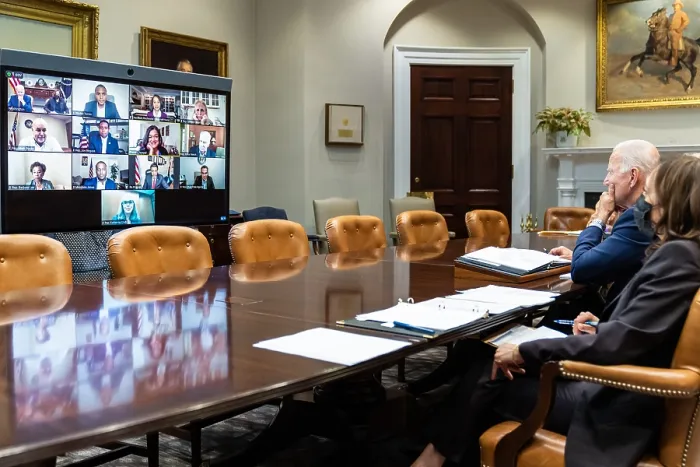 Framed Print : President Joe Biden and Vice President Kamala Harris meet virtually with members of Congress, Oct. 4, 2021 Framed Print : President Joe Biden and Vice President Kamala Harris meet virtually with members of Congress, Oct. 4, 2021