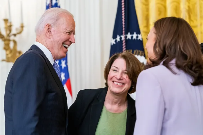 Framed Print : President Joe Biden with Vice President Kamala Harris and Senator Amy Klobuchar, following the signing of the Victims of Crime Act Fix to Sustain the Crime Victims Fund, July 22