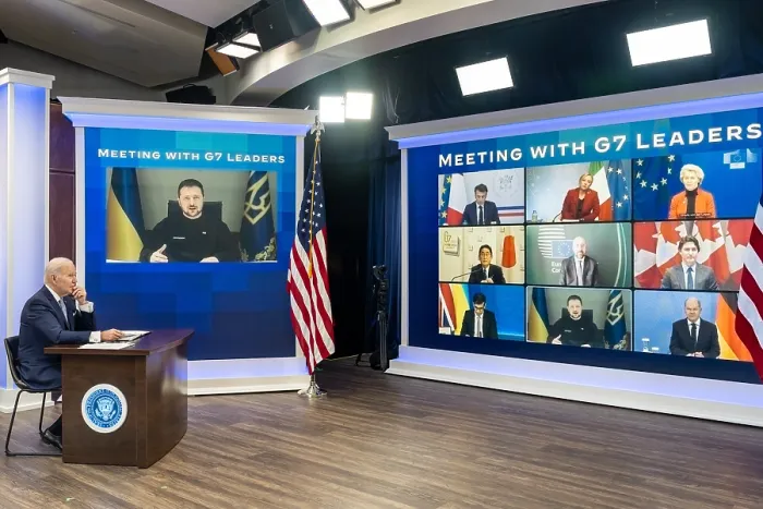 Framed Print : President Joe Biden in a virtual meeting with G7 leaders and Ukrainian President Volodymyr Zelenskyy, Feb. 24, 2023