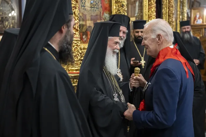 Framed Print : President Joe Biden visits the Grotto of the Manger, July 15, 2022, at the Church of the Nativity in Bethlehem, the site traditionally considered to be the birthplace of Jesus