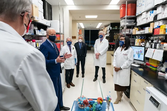 Framed Print : President Joe Biden visits the Viral Pathogenesis Laboratory, at the National Institutes of Health, Feb. 11, 2021. L-R: Deputy Director, NIH NIAAID Vaccine Research Center, Dr