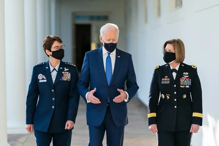 Framed Print : President Joe Biden walks Combatant Commander nominees, US Air Force Gen. Jacqueline Van Ovost and U.S. Army Lt. Gen. Laura Richardson, March 8, 2021 (BSLOC_2021_8_21) Framed Print : President Joe Biden walks Combatant Commander nominees, US Air Force Gen. Jacqueline Van Ovost and U.S. Army Lt. Gen. Laura Richardson, March 8, 2021 (BSLOC_2021_8_21)
