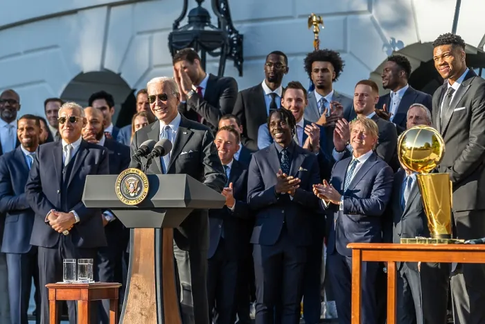 Framed Print : President Joe Biden welcomes the NBA champion Milwaukee Bucks, to the White House, Nov. 8, 2021 (BSLOC_2022_2_44) Framed Print : President Joe Biden welcomes the NBA champion Milwaukee Bucks, to the White House, Nov. 8, 2021 (BSLOC_2022_2_44)