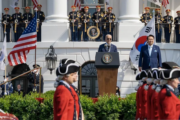 Framed Print : President Joe Biden welcomes South Korean President Yoon Suk Yeol at the Official State Arrival Ceremony, April 26, 2023