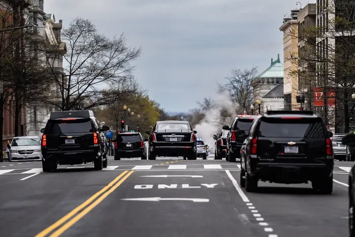 Framed Print : President Joe Biden's motorcade driving through Washington, D.C. April 6, 2022. (BSLOC_2022_3_39) Framed Print : President Joe Biden's motorcade driving through Washington, D.C. April 6, 2022. (BSLOC_2022_3_39)